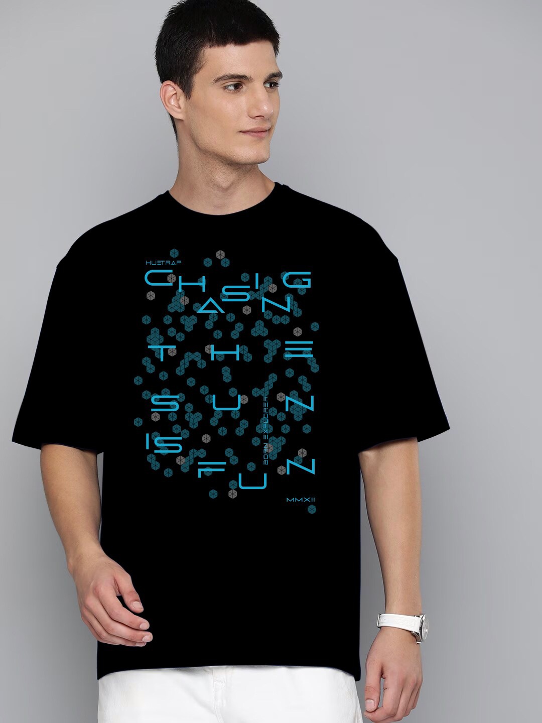 

Huetrap Typography Printed Oversized Cotton T-Shirt, Black