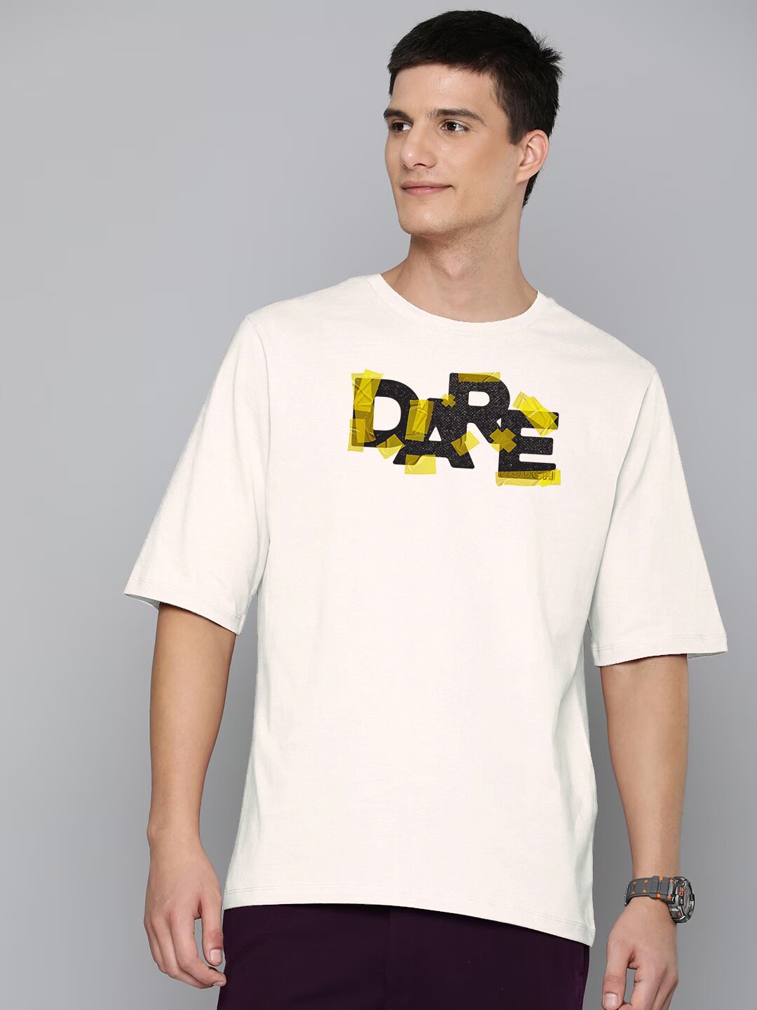 Huetrap Typography Printed Oversized Cotton T-shirt, Off white