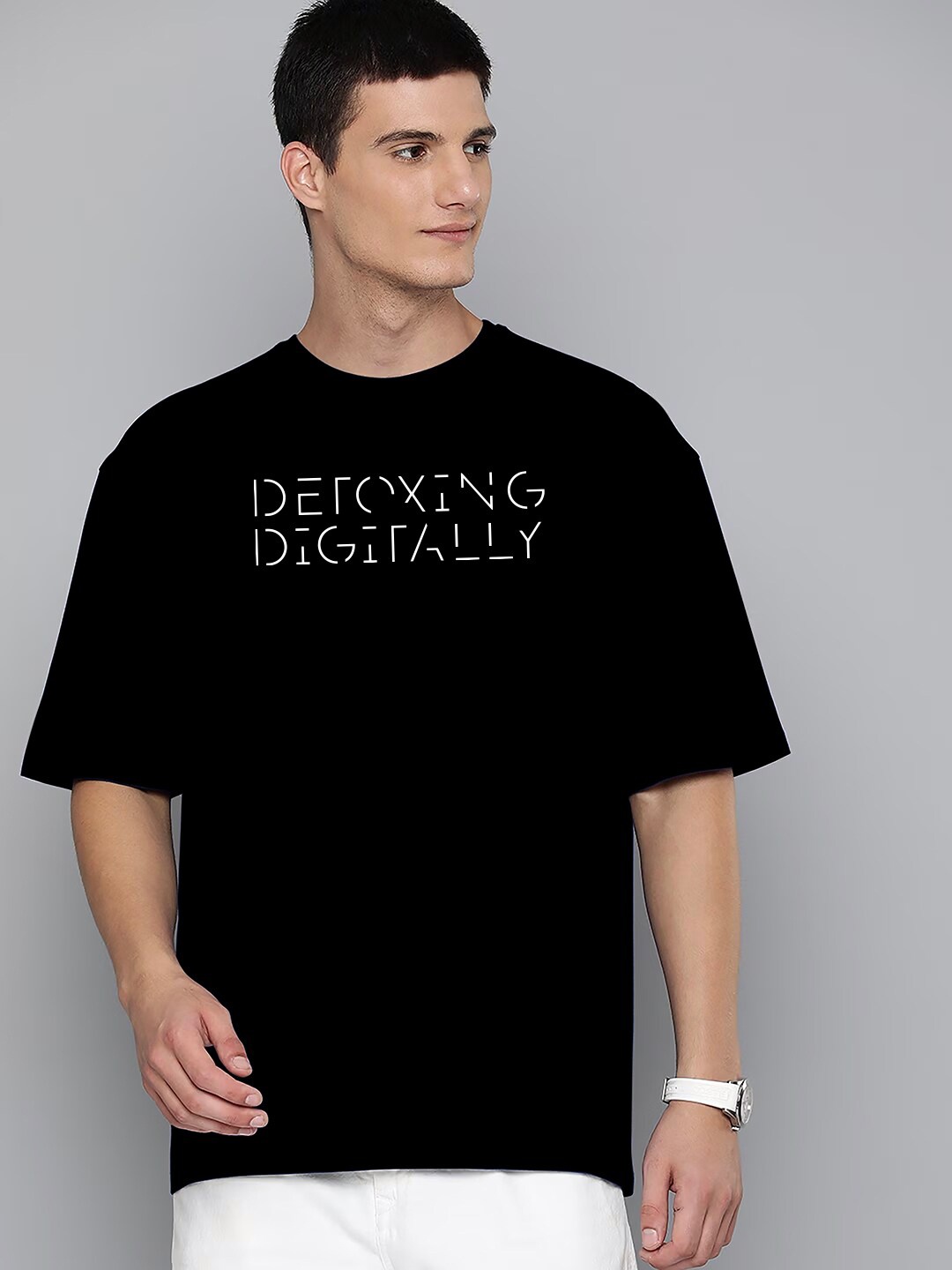 

Huetrap Typography Printed Oversized Cotton T-shirt, Black