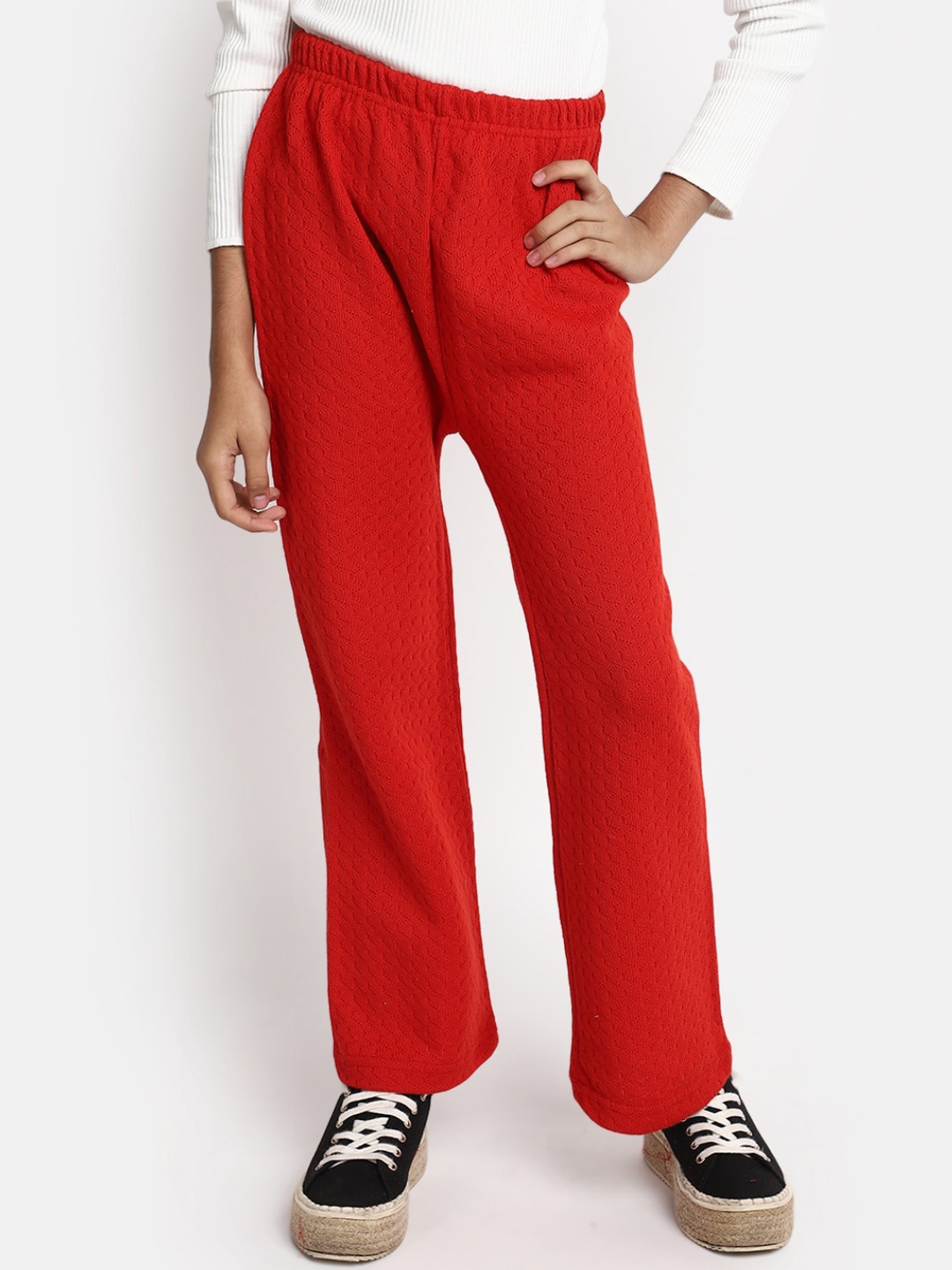 

V-Mart Girls Self Designed High-Rise Knitted Cotton Trousers, Red