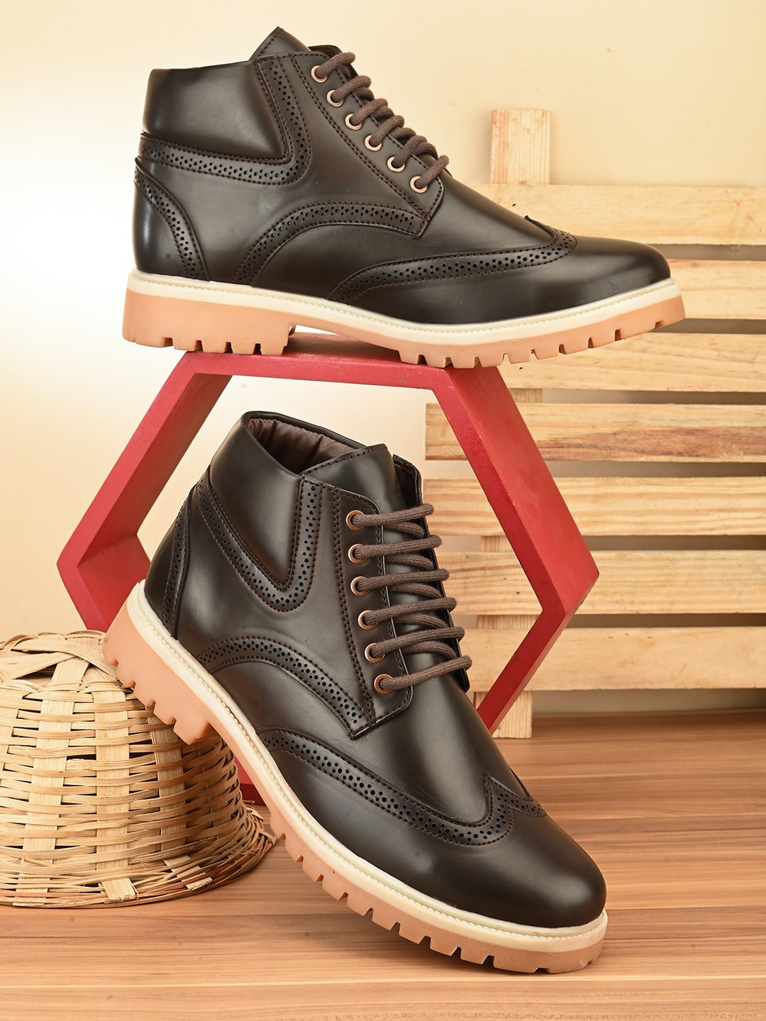 

Carlton London Men Perforated Mid-Top Regular Boots, Brown