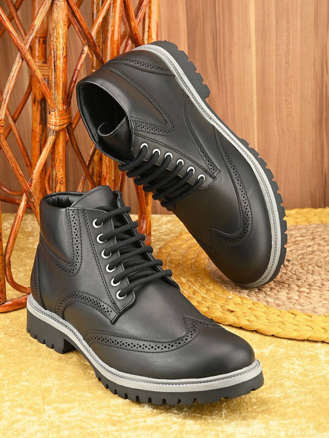 

Carlton London Men Perforated Mid-Top Regular Boots, Black