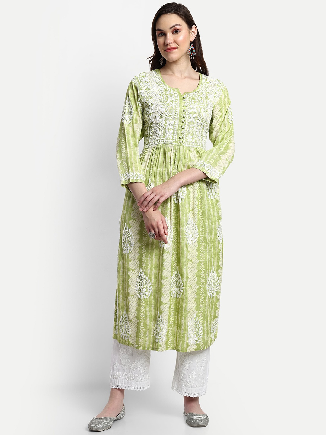 

Indiankala4u Ethnic Motifs Printed Chikankari A-Line Pleated Kurta, Green