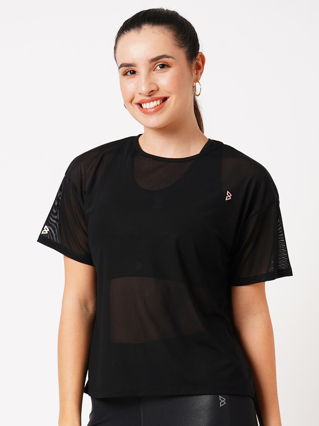 

BODD ACTIVE Raglan Sleeves Semi Sheer Regular T-shirt, Black