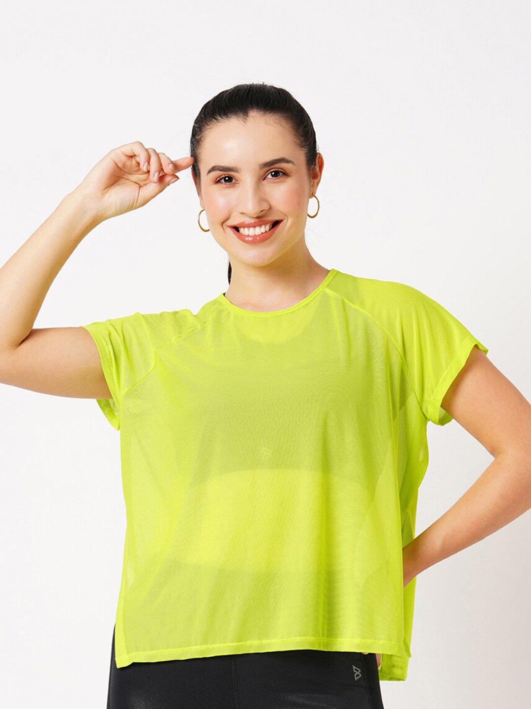 

BODD ACTIVE Raglan Sleeves Semi Sheer Regular T-shirt, Fluorescent green