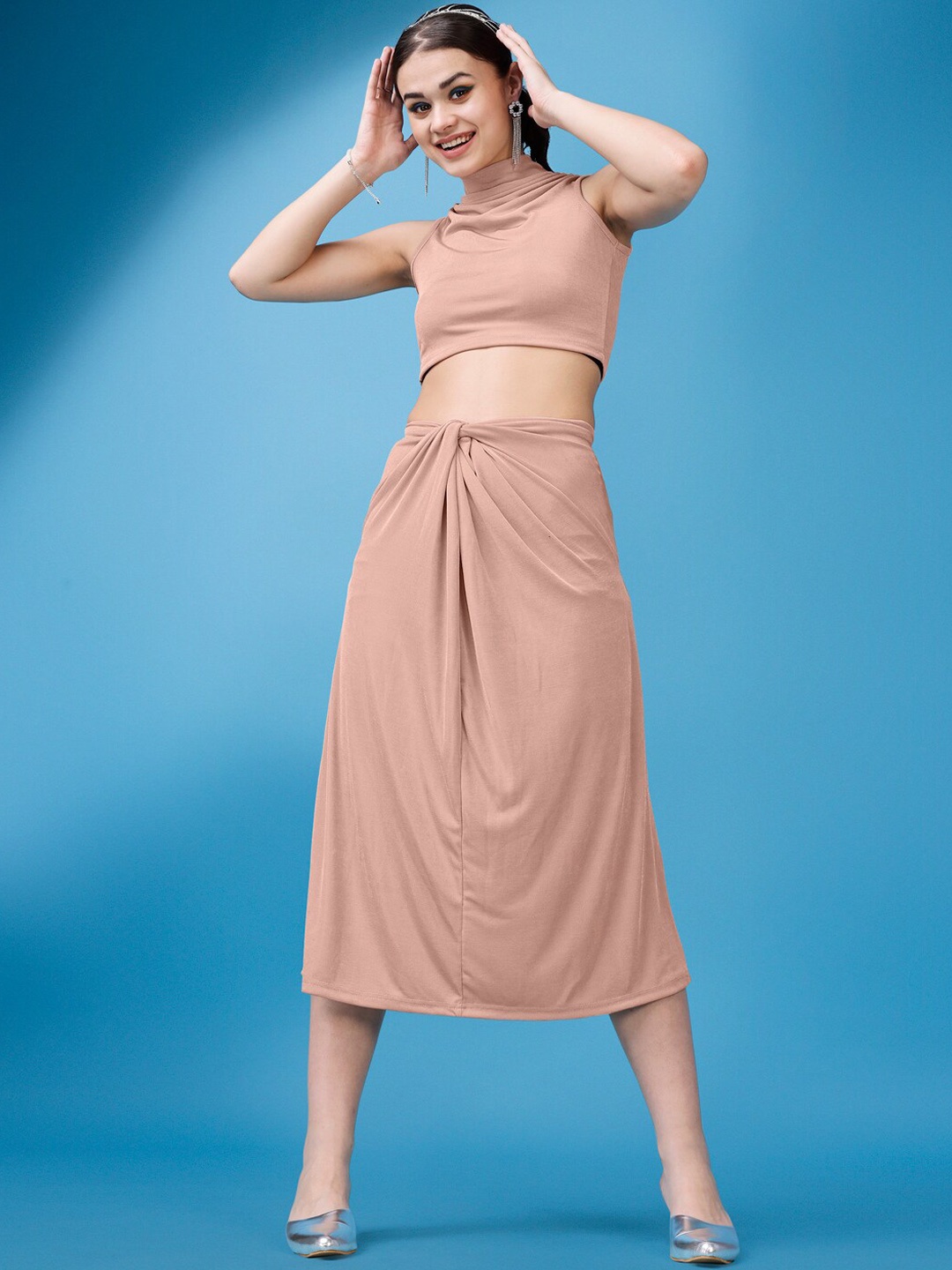 

PURVAJA Cowl-Neck Sleeveless Crop Top With Skirt, Peach