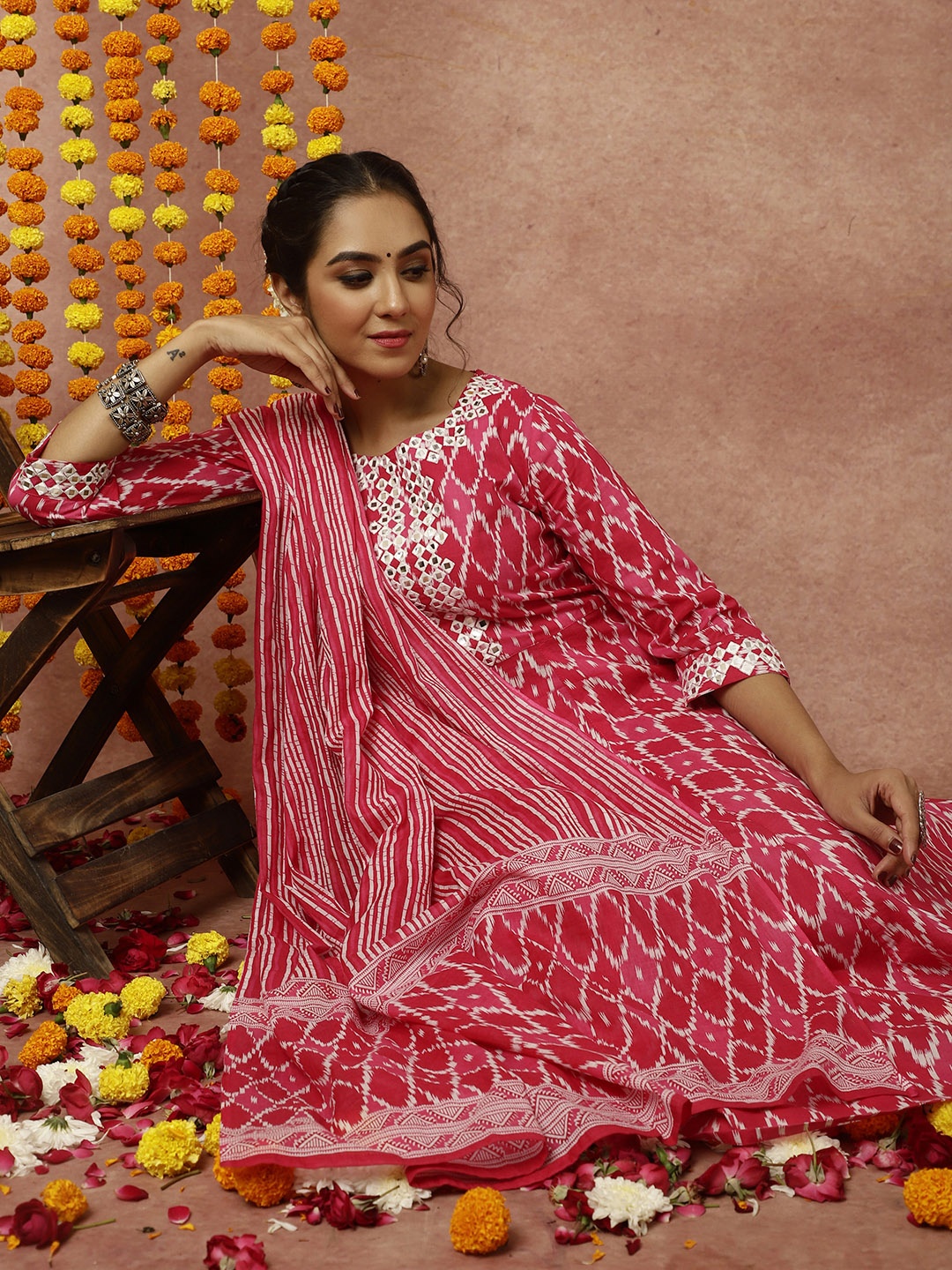 

Jaipur Kurti Ikat Printed Pure Cotton Anarkali Kurta With Trousers & Dupatta, Fuchsia