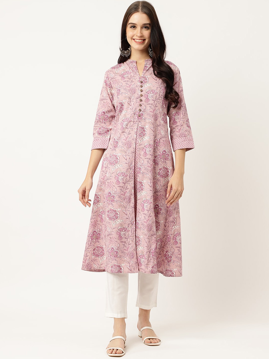 

Divena Floral Printe Mandarin Cotton A-Line Kurta, Lavender