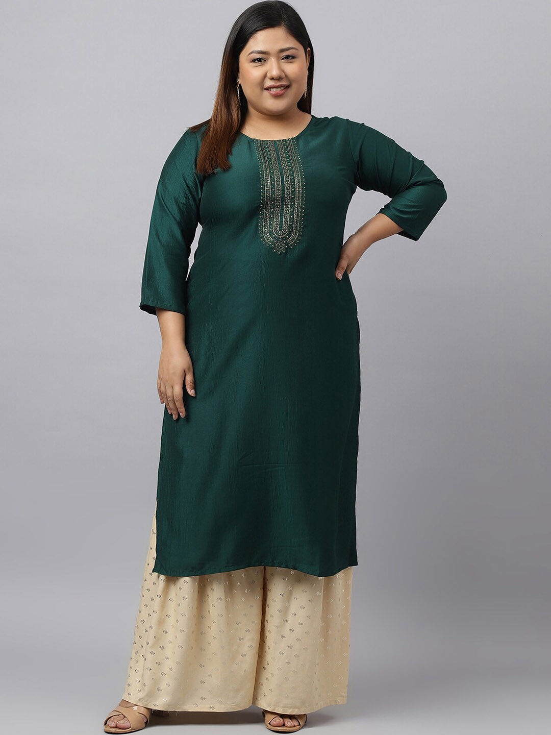 

XL LOVE by Janasya Plus Size Ethnic Motifs Yoke Design Kurta, Green