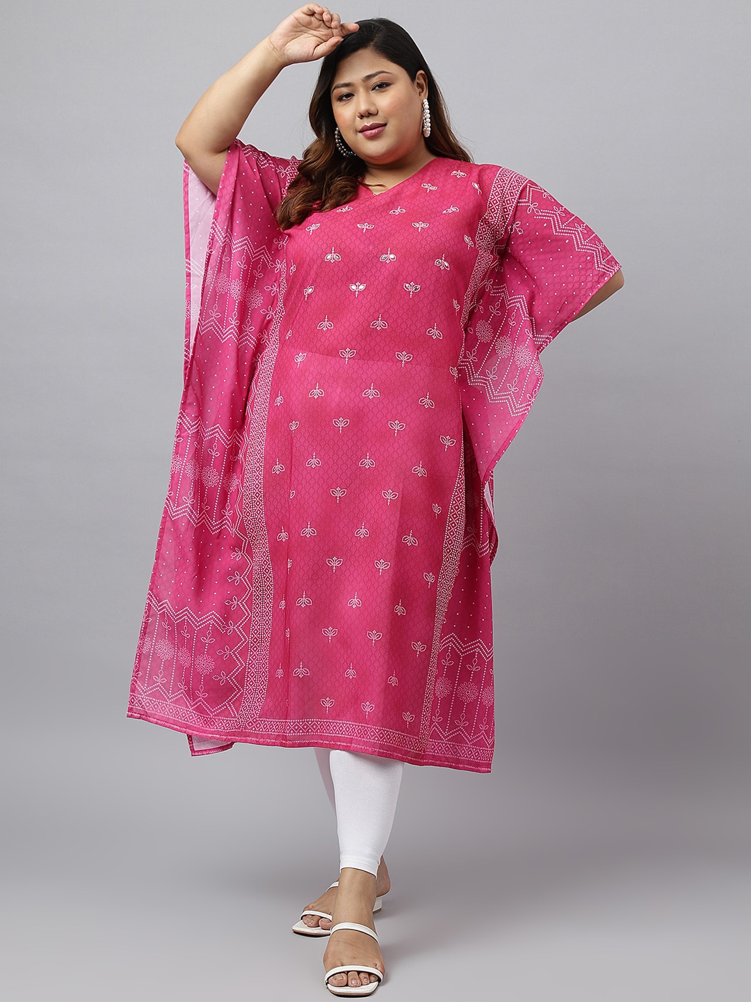 

XL LOVE by Janasya Plus Size Ethnic Motifs Printed Kaftan Kurta, Pink