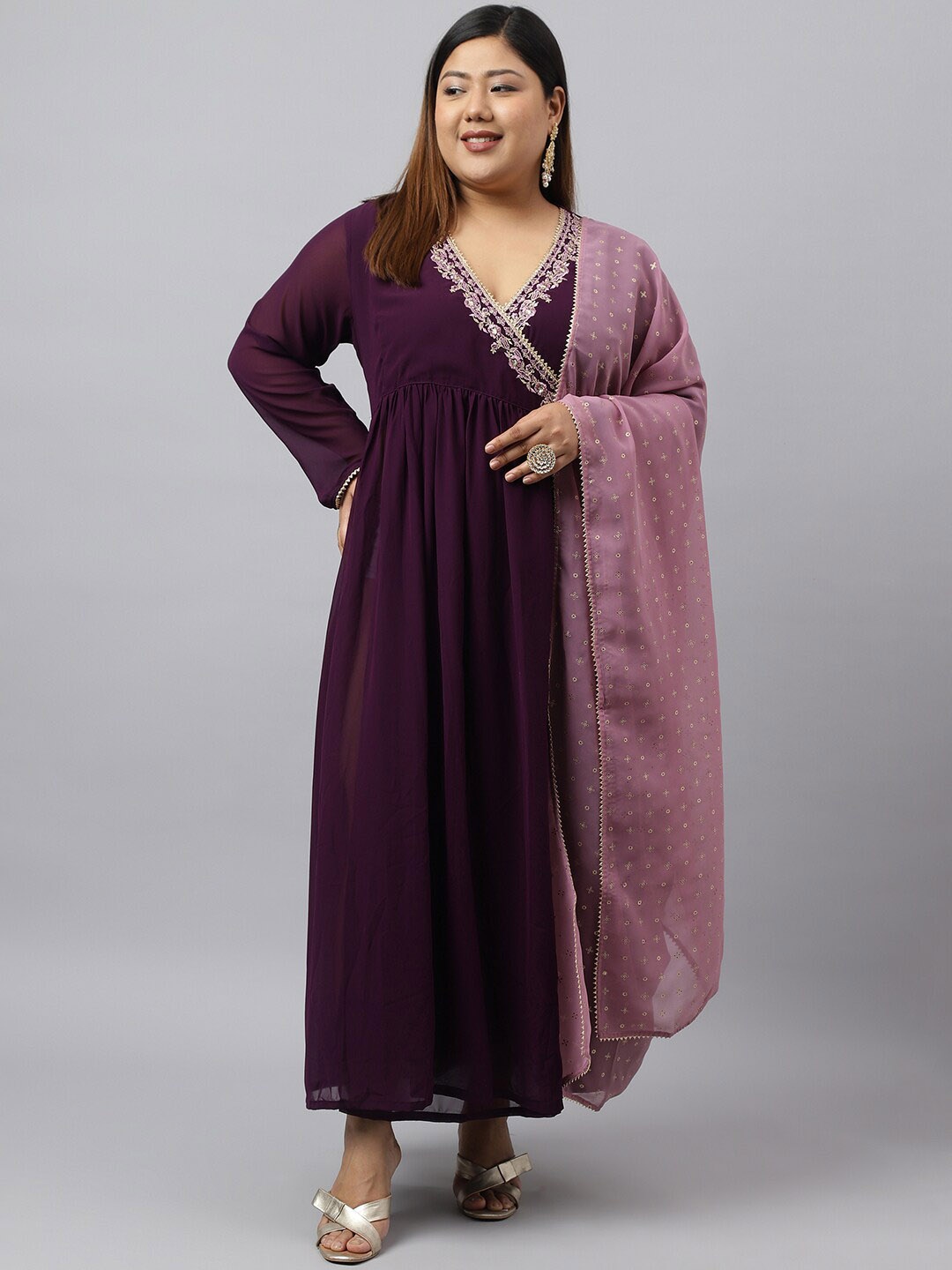 

Janasya Plus Size Embroidered V-Neck Fit & Flare Ethnic Dress With Dupatta, Purple