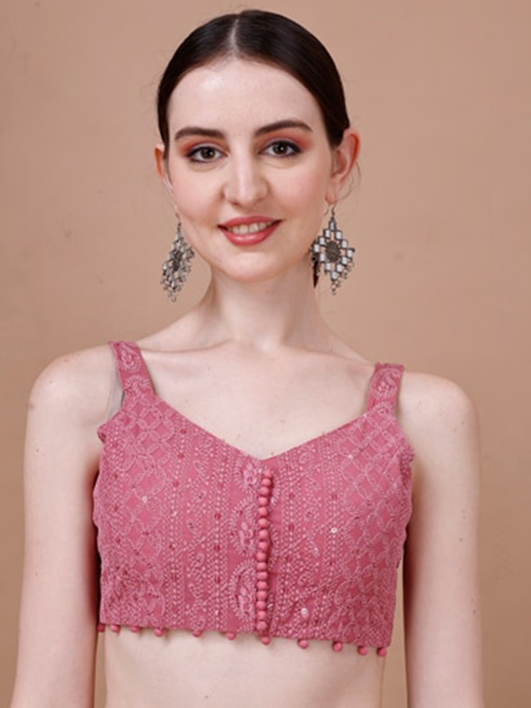 

SAZRIKA Ethnic Motifs Embroidered Chikankari Pure Georgette Saree Blouse, Pink