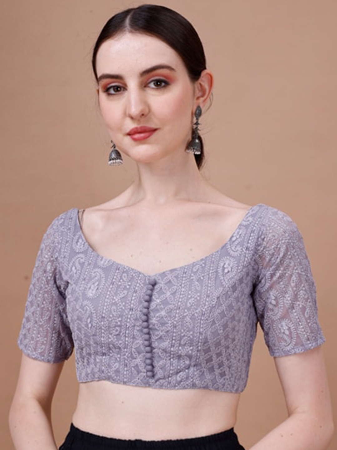 

SAZRIKA Ethnic Motifs Embroidered Chikankari Pure Georgette Saree Blouse, Grey