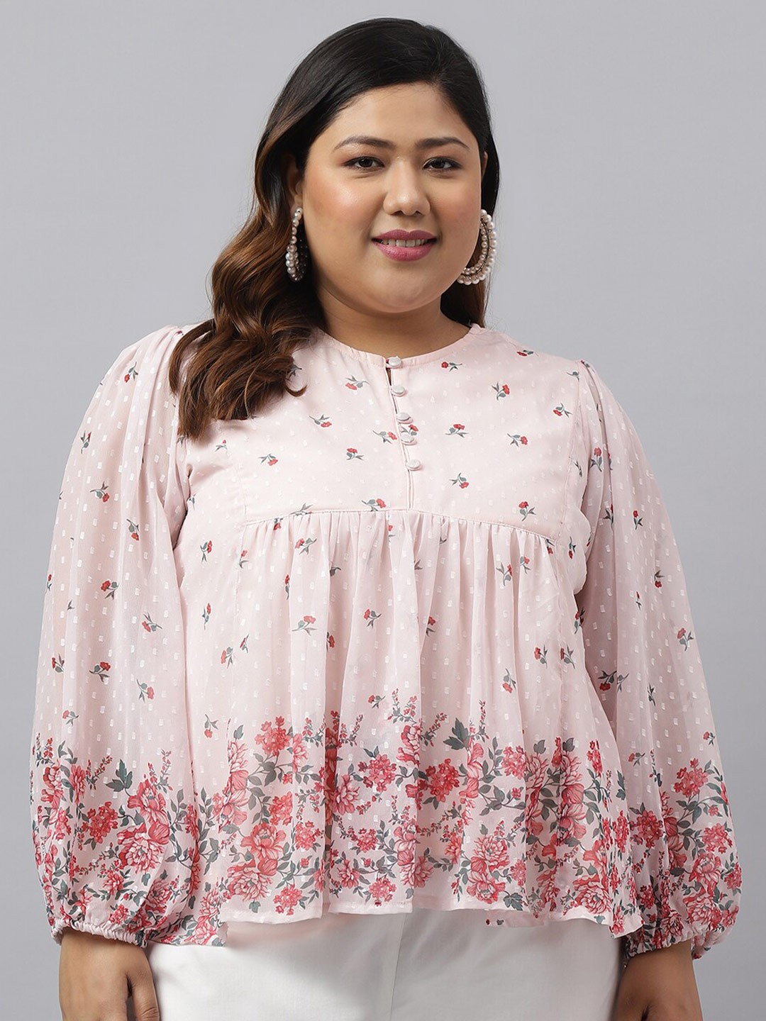

Janasya Plus Size Floral Printed Georgette Flared Top, Peach