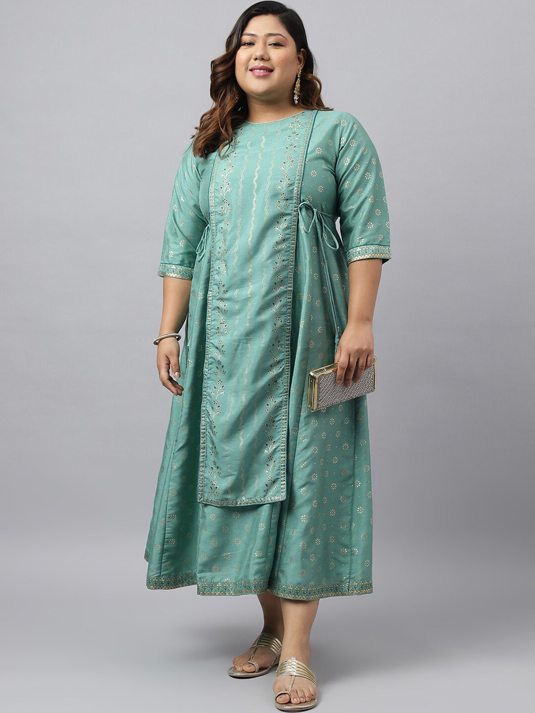 

XL LOVE by Janasya Plus Size Ethnic Motifs Printed Silk Maxi Ethnic Dress, Green