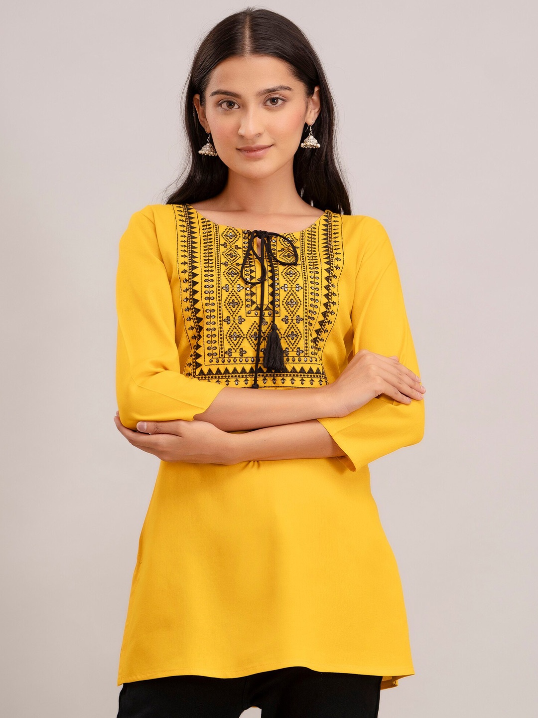 

CKM Ethnic Motifs Yoke Design Tie-Up Neck Kurti, Yellow