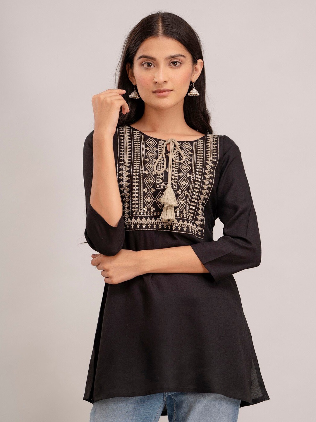 

CKM Ethnic Motifs Embroidered Tie-Up Neck Kurti, Black