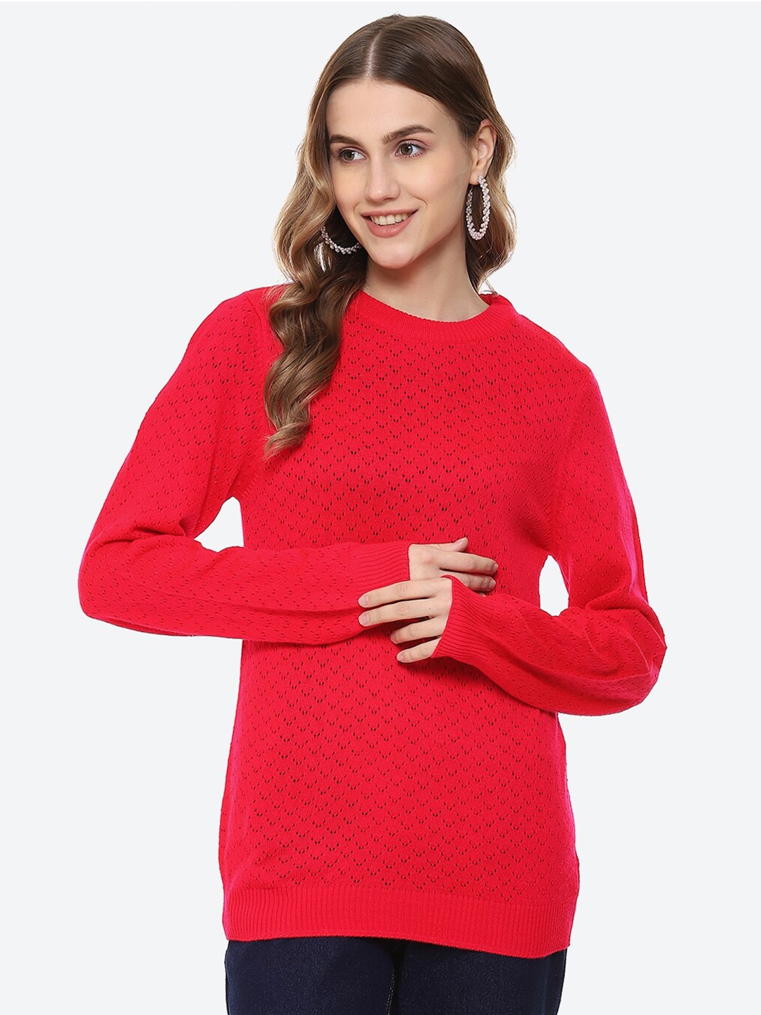 

2Bme Geometric Self Design Acrylic Pullover, Red