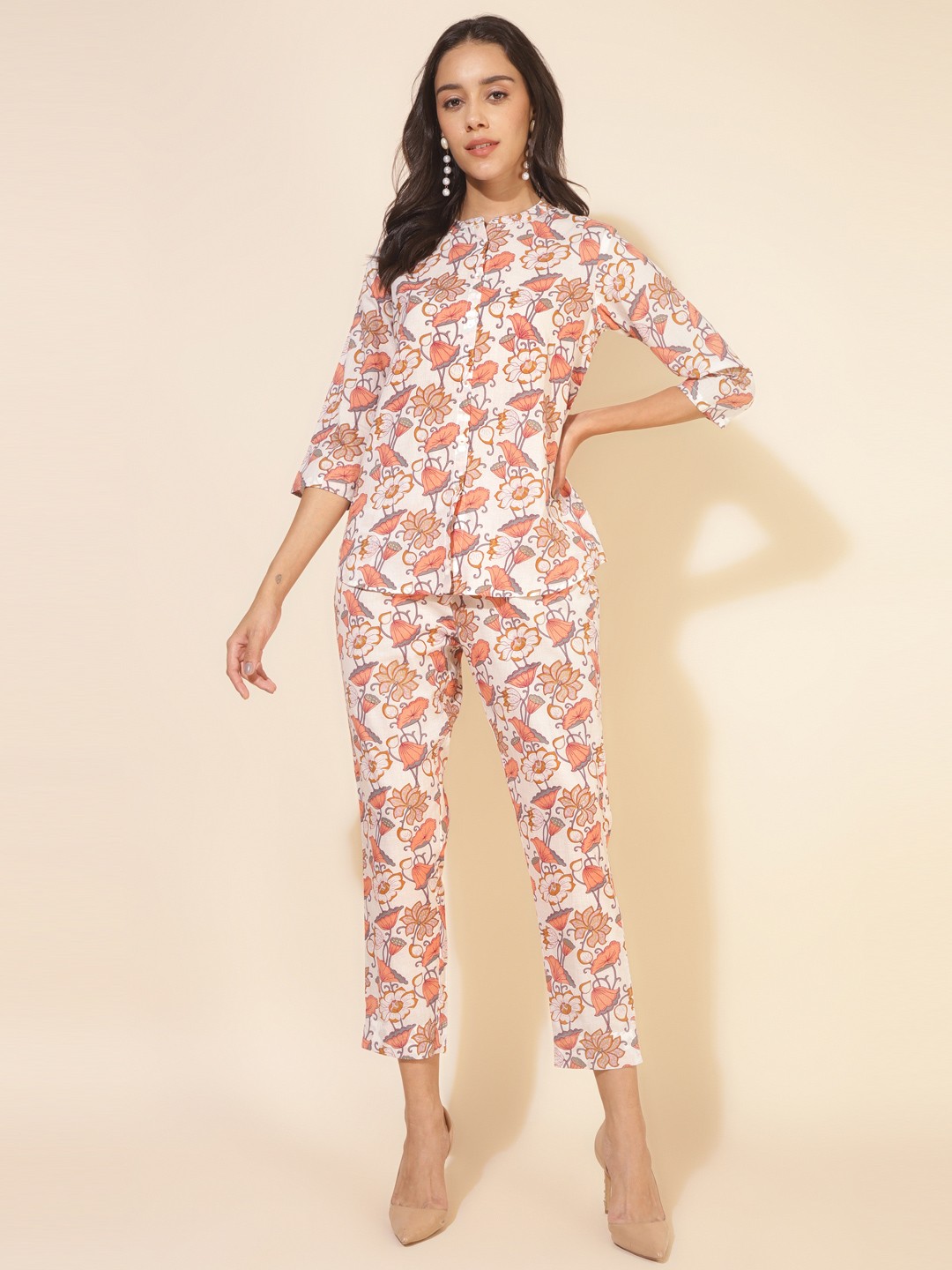 

Janasya Floral Printed Pure Cotton Shirt & Trouser Co-Ords, White