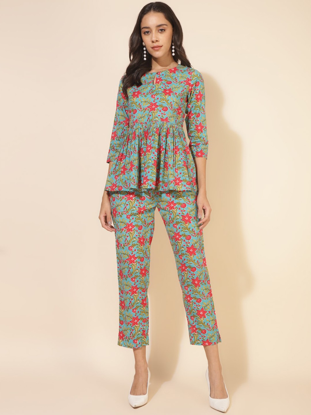 

Janasya Floral Printed Pure Cotton Gathered Top With Trouser Co-Ords, Blue