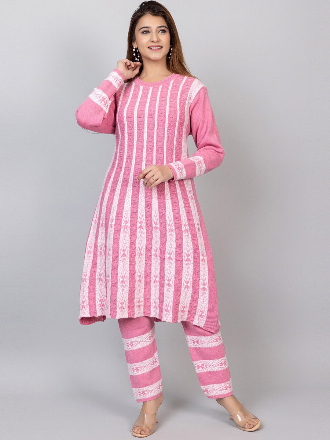 

TYSORT Striped Regular Thread Work Kurta With Trousers, Pink