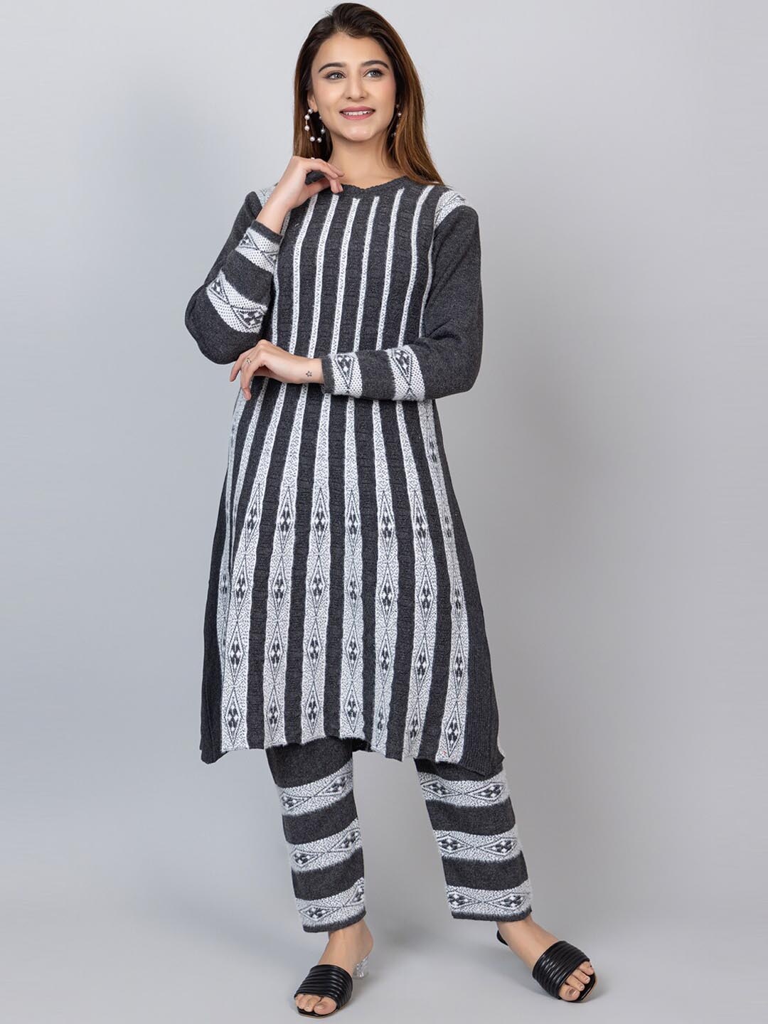 TYSORT Striped Regular Thread Work Kurta With Trousers, Green