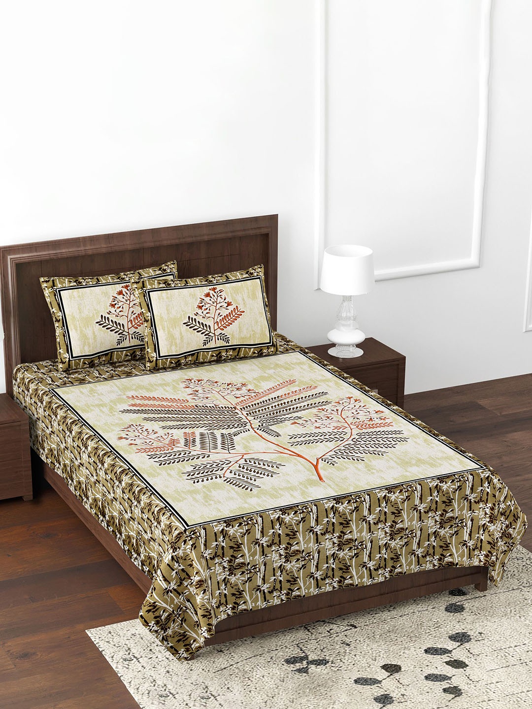 

JAIPUR FABRIC Beautiful Branch Brown Floral Cotton 180 TC Single Bedsheet Set