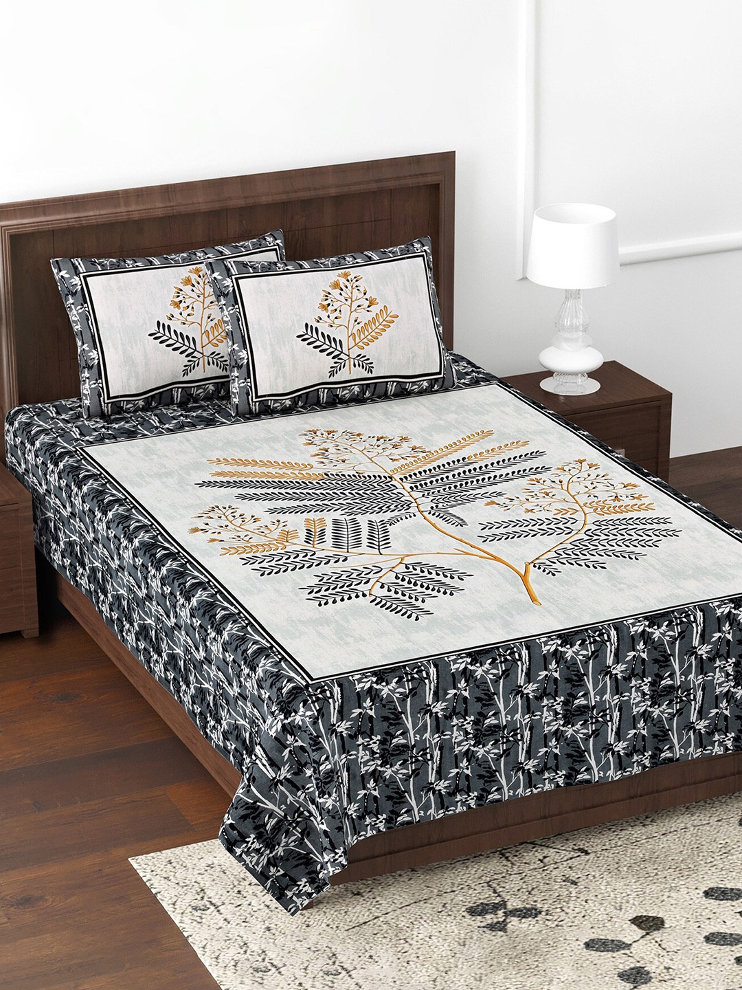 

JAIPUR FABRIC Beautiful Branch Grey Printed Cotton 180TC Single Bedsheet & 2 Pillow Covers