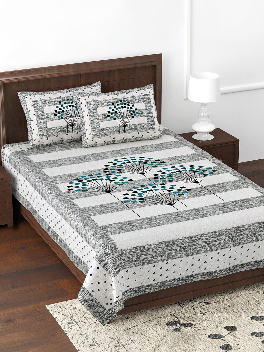 

JAIPUR FABRIC Fancy Fans White Printed Cotton 180 TC Single Bedsheet & 2 Pillow Covers