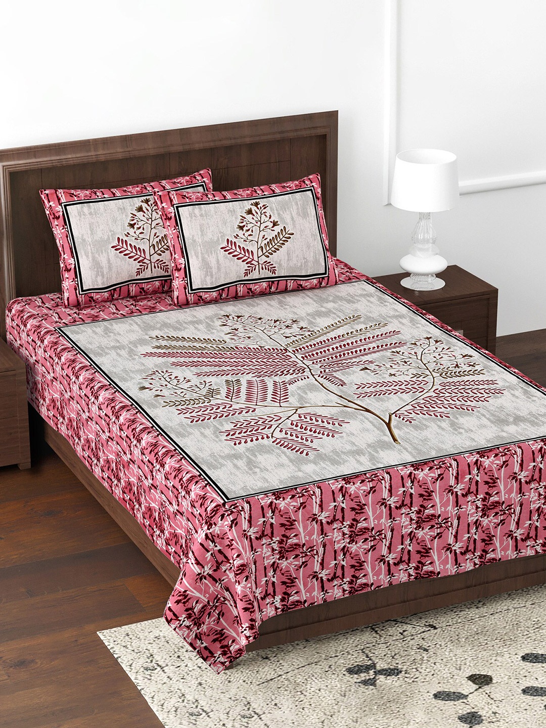 

JAIPUR FABRIC Beautiful Branch Pink Floral Cotton 180 TC Single Bedsheet & 2 Pillow Covers