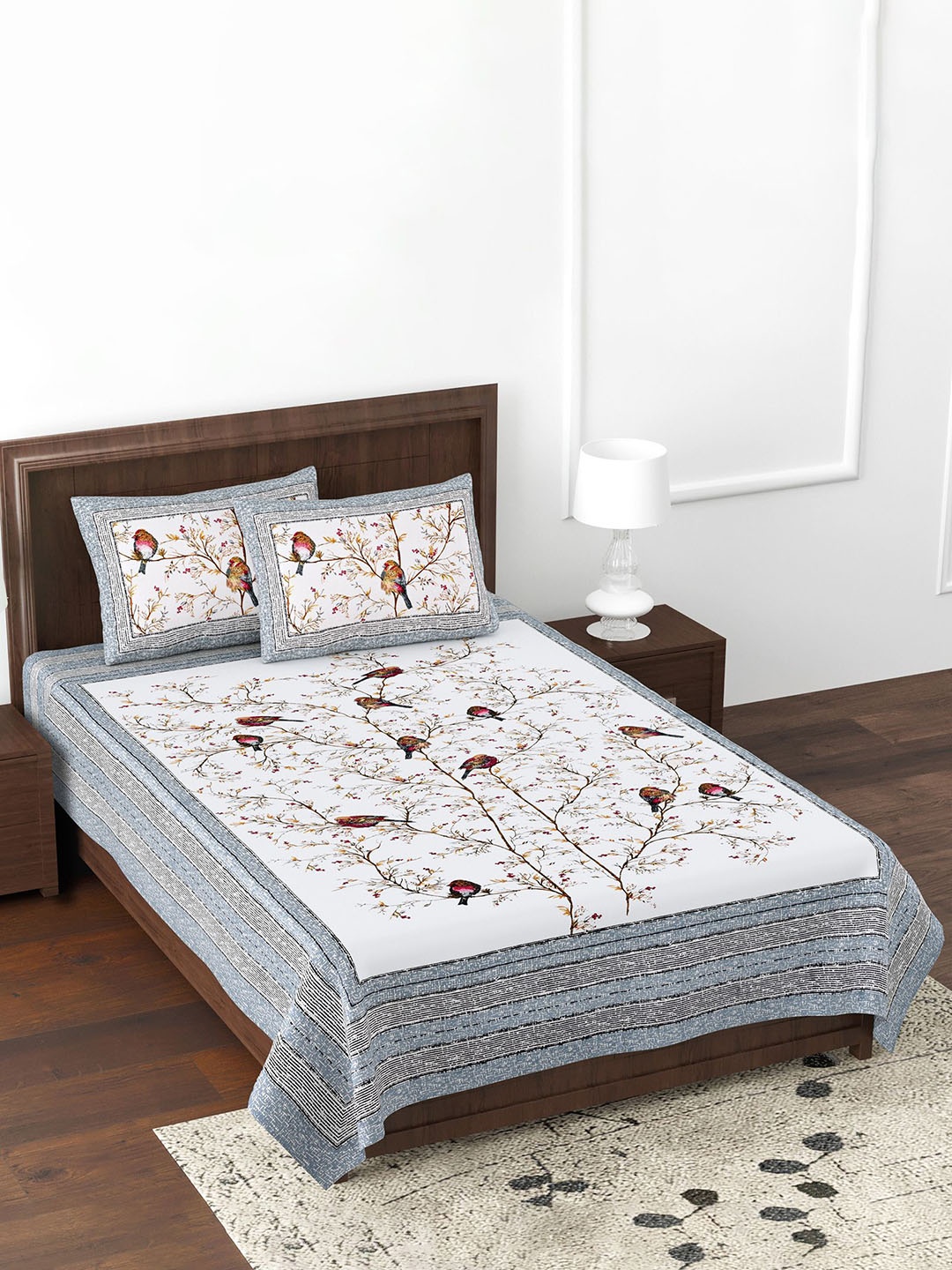 

JAIPUR FABRIC White & Grey Cotton 180 TC Single Bedsheet with 2 Pillow Covers
