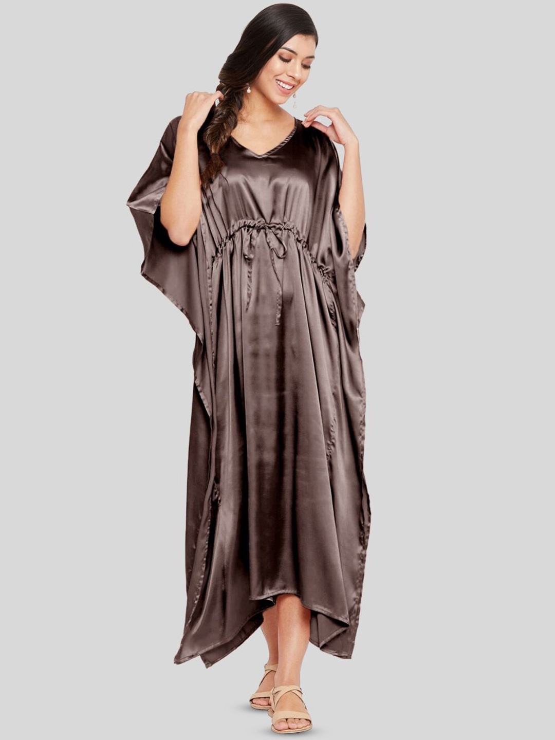 Riara V-Neck Satin Kaftan Nightdress, Brown