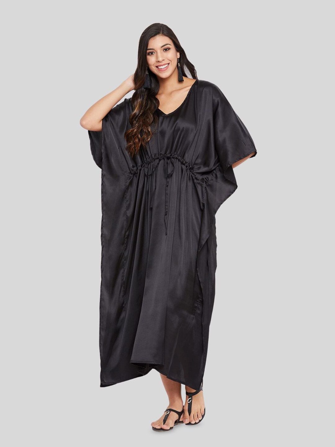 

Riara V-Neck Satin Kaftan Nightdress, Black