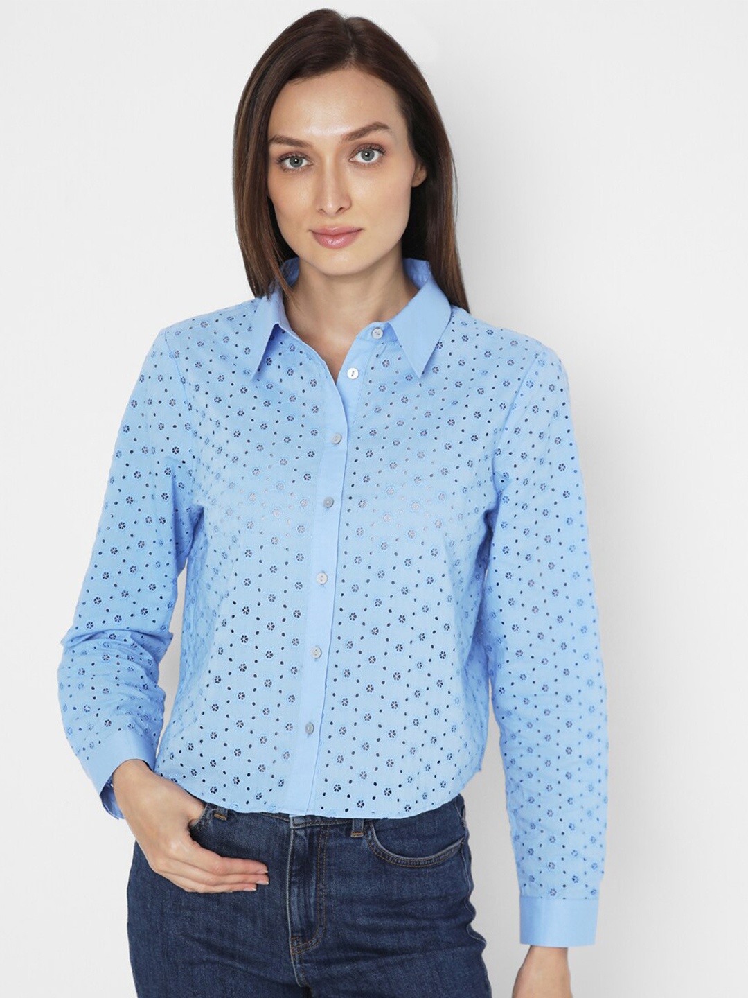 

Vero Moda Floral Self Design Semi Sheer Schiffli Cotton Casual Shirt, Blue