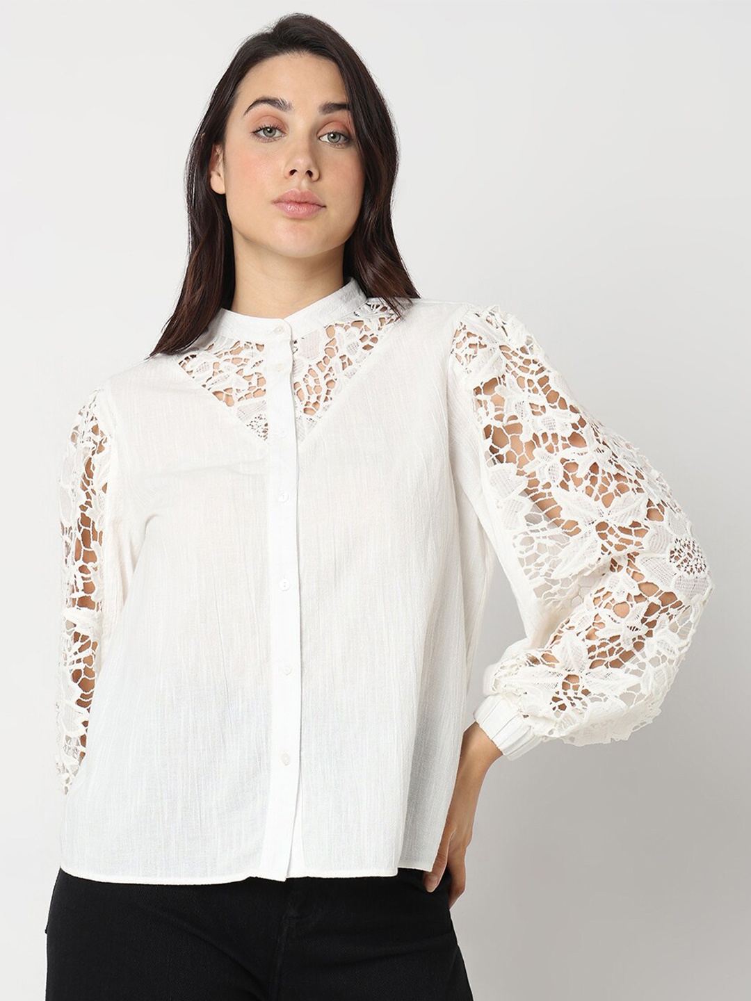 

Vero Moda Band Collar Cotton Lace Casual Shirt, White
