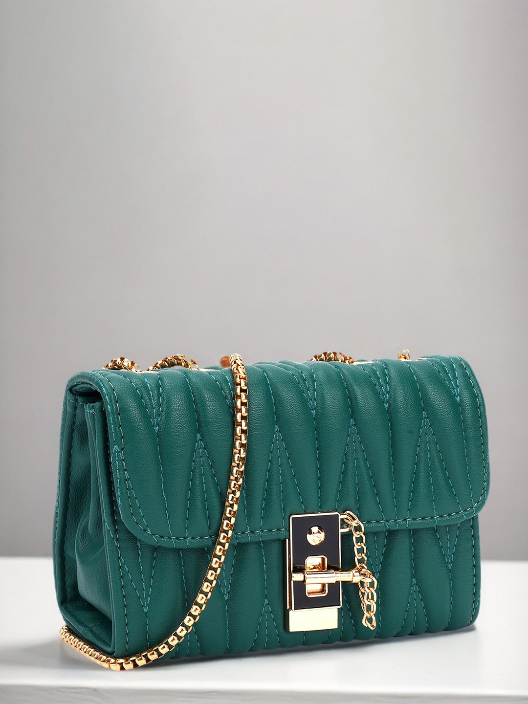 

Diva Dale Self Design Buckle Detail Structured Sling Bag, Green