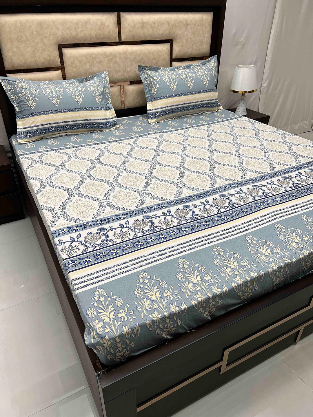 

Pure Decor Sapphire Blue Ethnic Cotton 300 TC Fitted King Bedsheet with 2 Pillow Covers