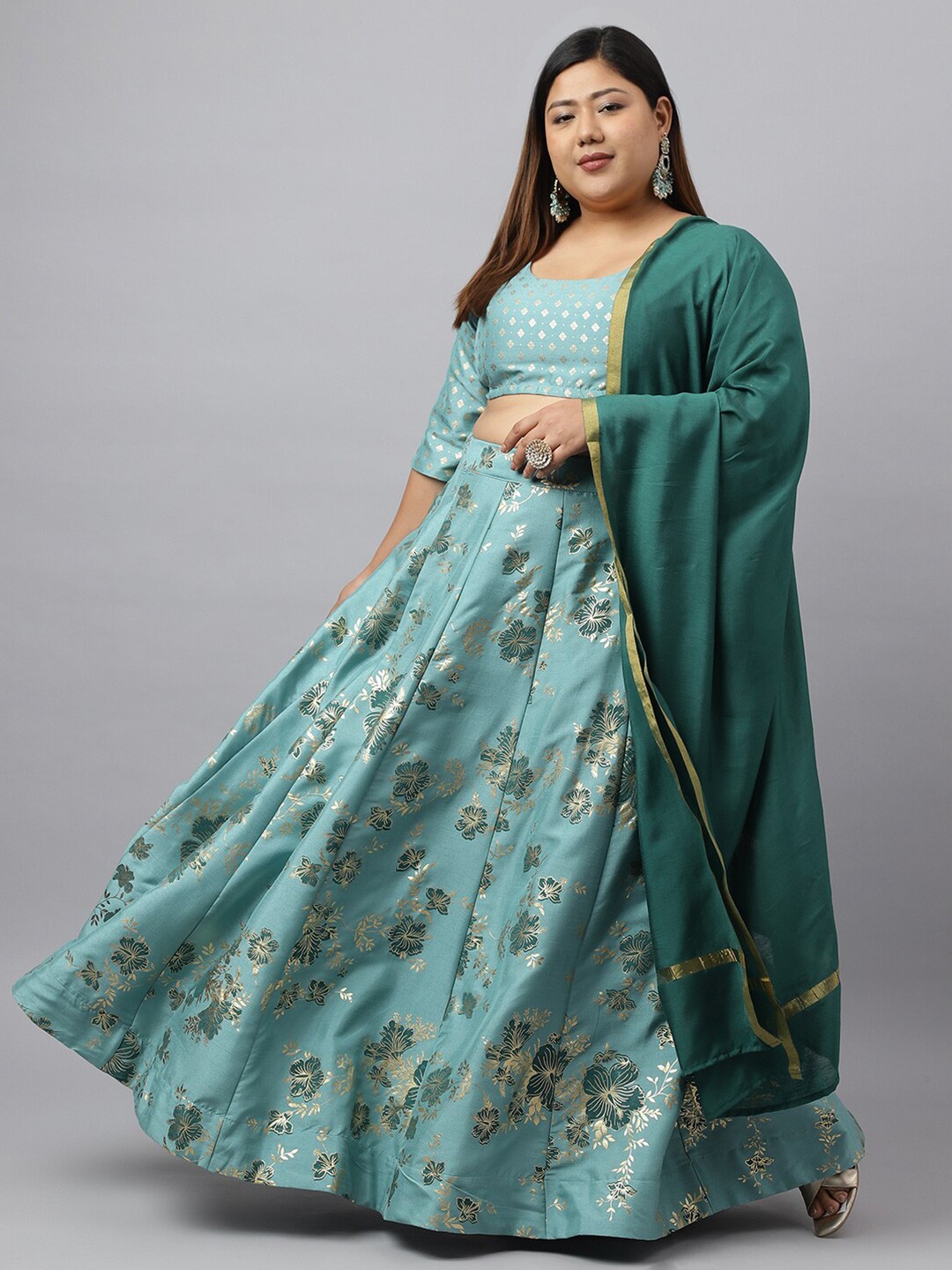 

Janasya XL LOVE Women's Plus Size Poly Silk Foil Printed Lehenga Choli With Dupatta, Green