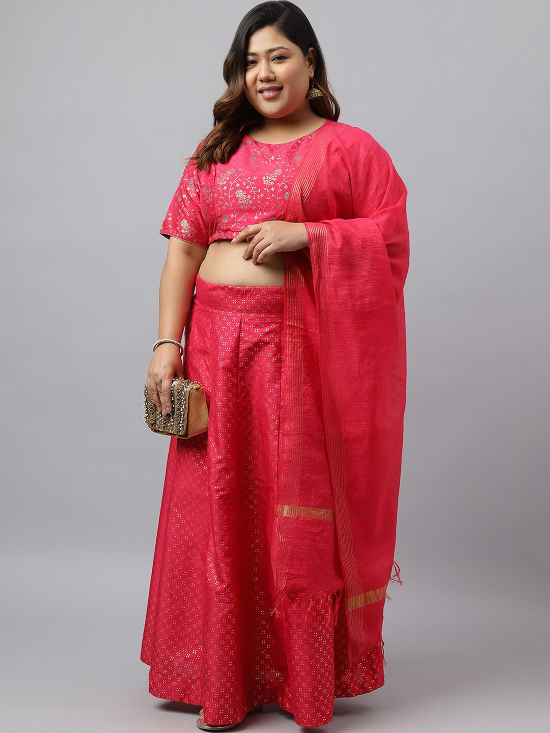 

Janasya Plus Size Poly Silk Foil Printed Lehenga Choli With Dupatta, Pink
