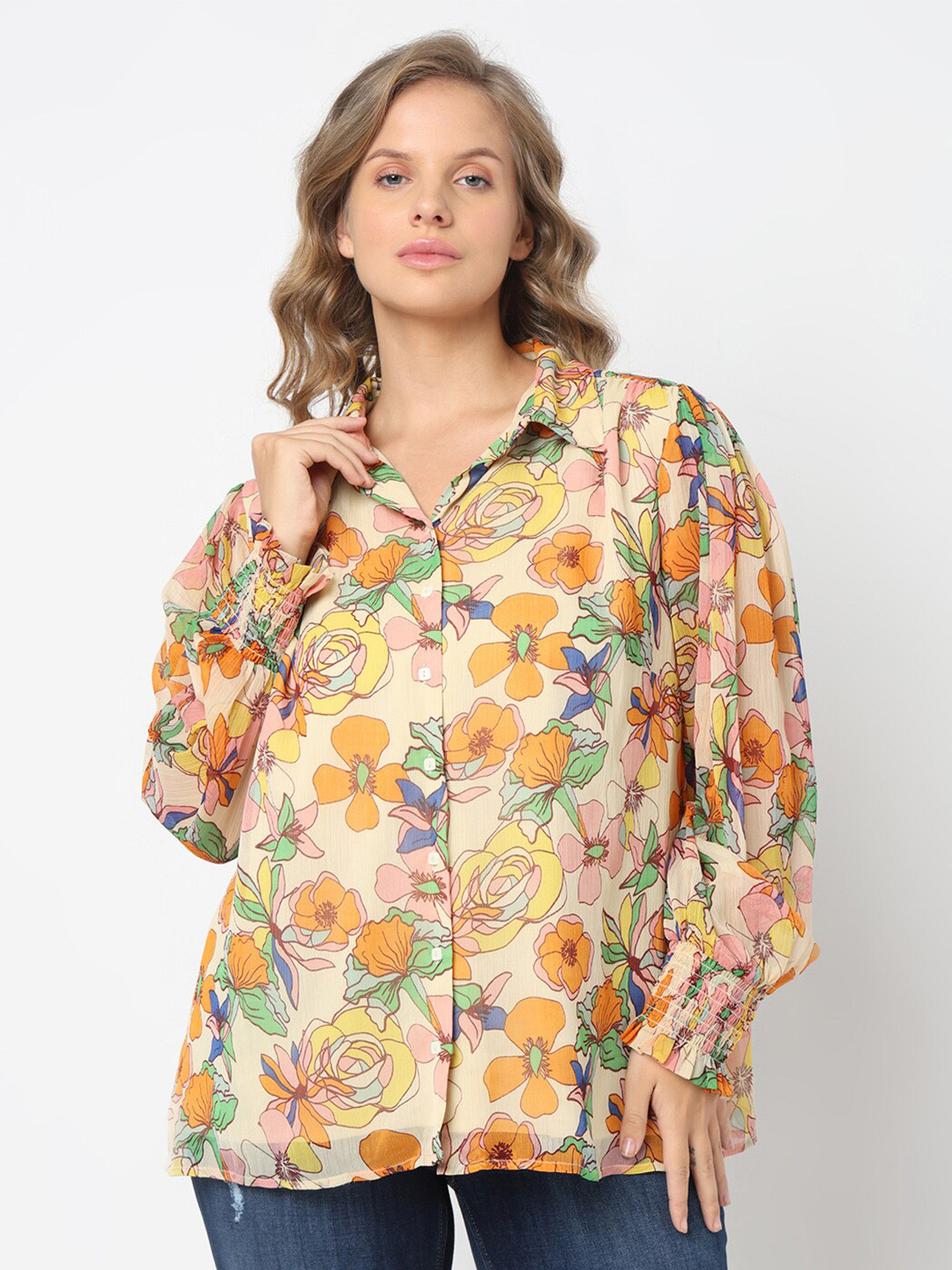 

VERO MODA CURVE Floral Printed Puffed Sleeves Casual Shirt, Yellow
