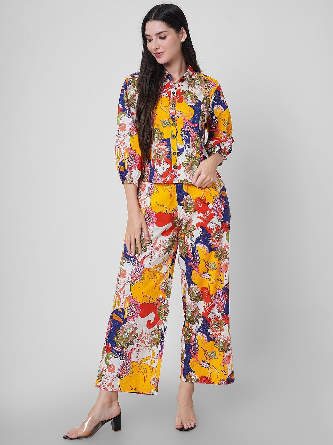 

Haute and Humble Floral Printed Pure Cotton Shirt & Trouser, Yellow