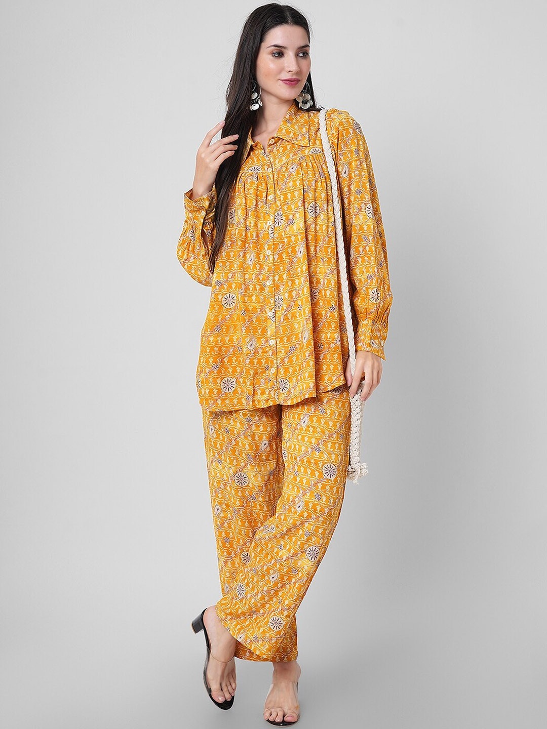 

Haute and Humble Floral Printed Pure Cotton Shirt & Trouser, Yellow