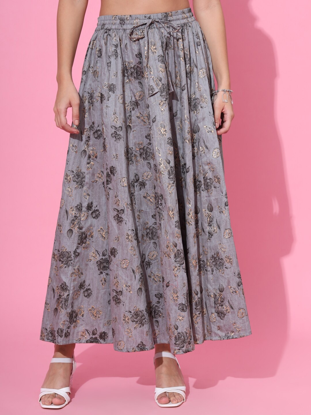 

DECKEDUP Printed Flared Maxi Skirt, Grey