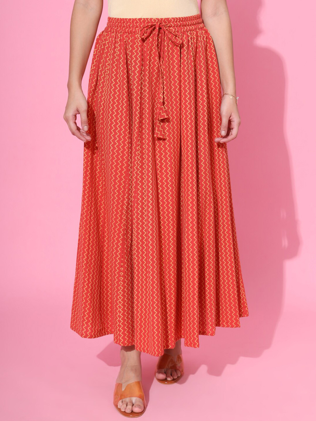 

DECKEDUP Geometric Printed Maxi Flared Skirt, Red