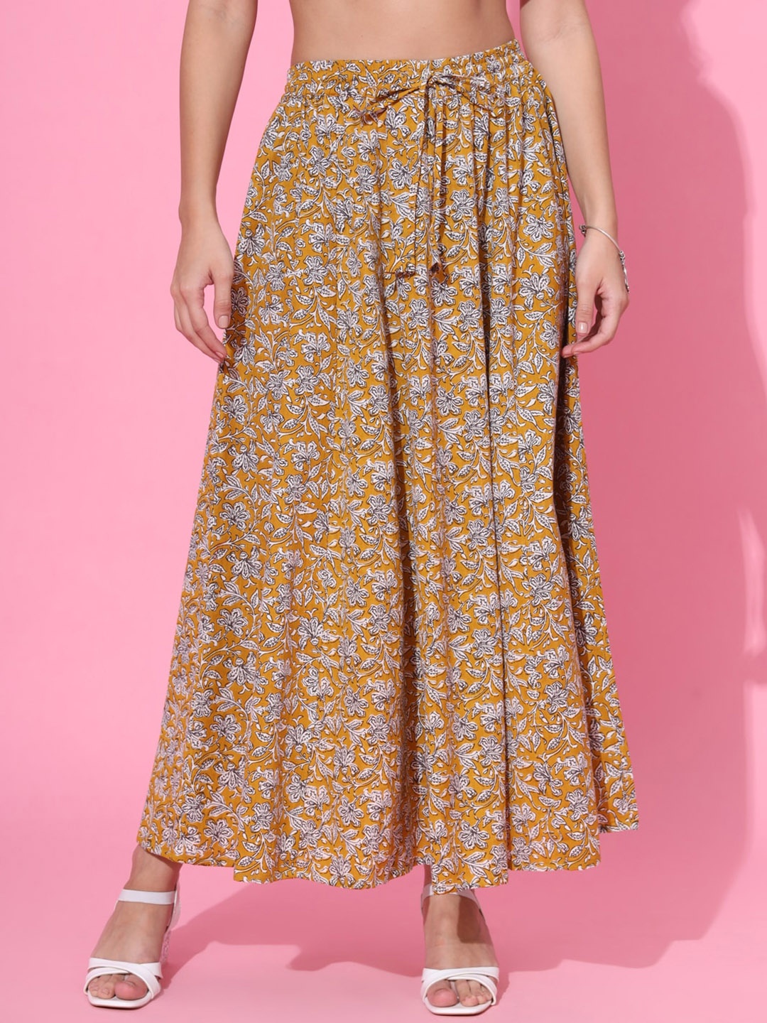 

DECKEDUP Printed Cotton Flared Maxi Skirt, Mustard