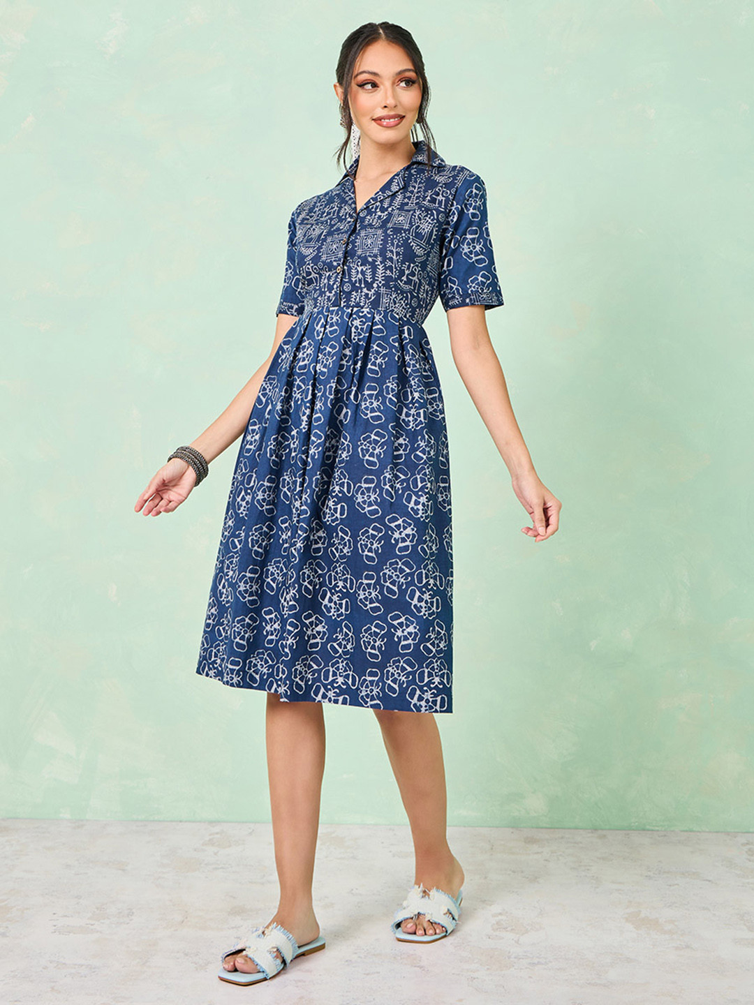 

Styli Navy Blue Ethnic Motifs Printed Shirt Collar Cotton Midi Fit & Flare Ethnic Dress