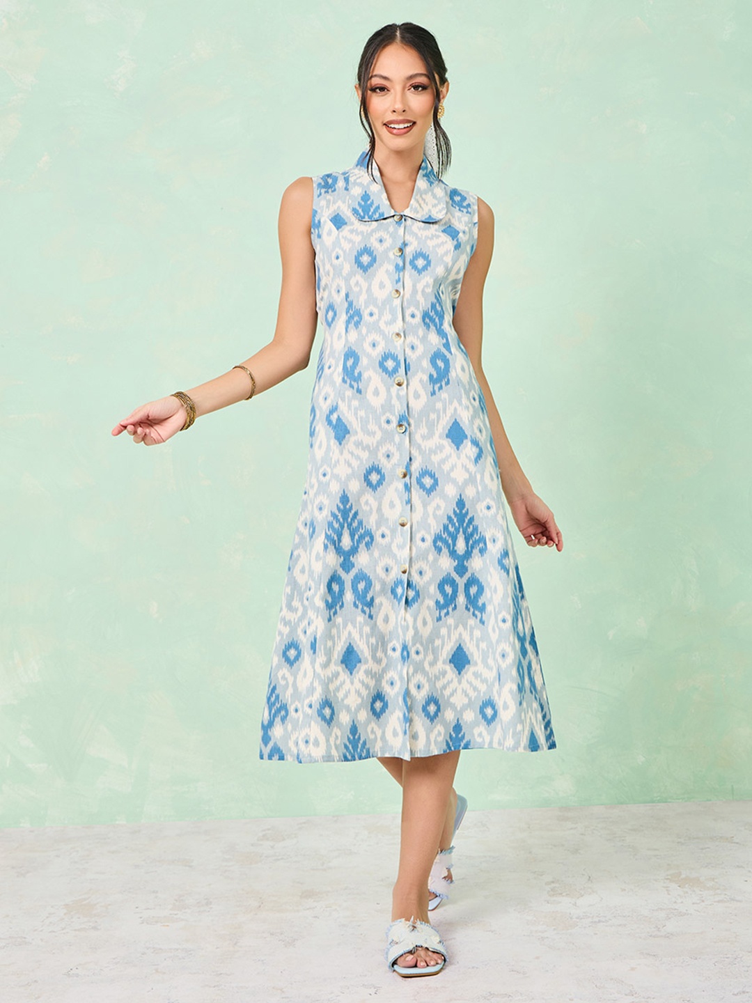 

Styli Ethnic Motifs Printed Peter Pan Collar Midi A-Line Ethnic Dress, Blue