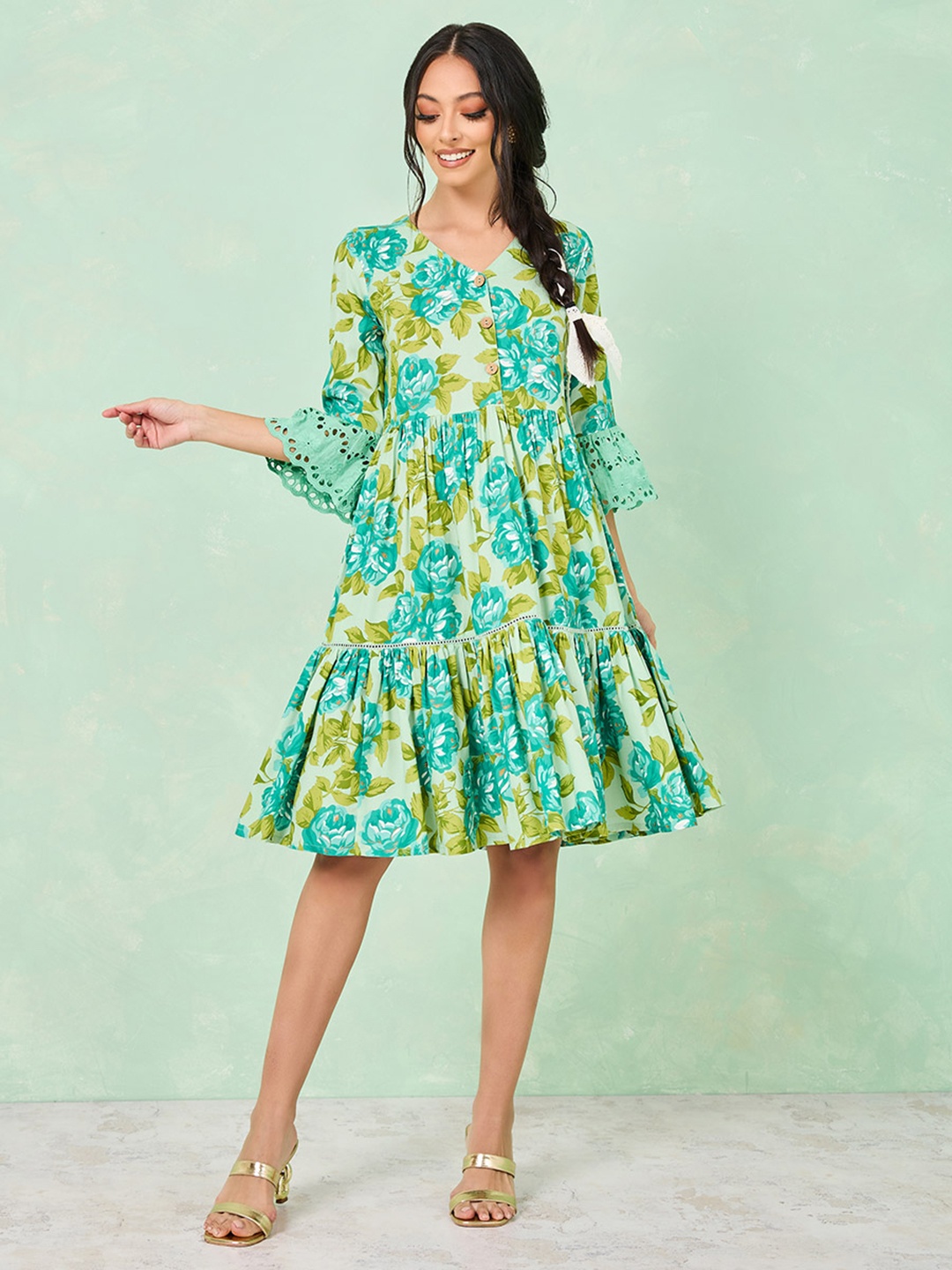 

Styli Floral Printed Bell Sleeves Schiffli A-Line Dress, Green