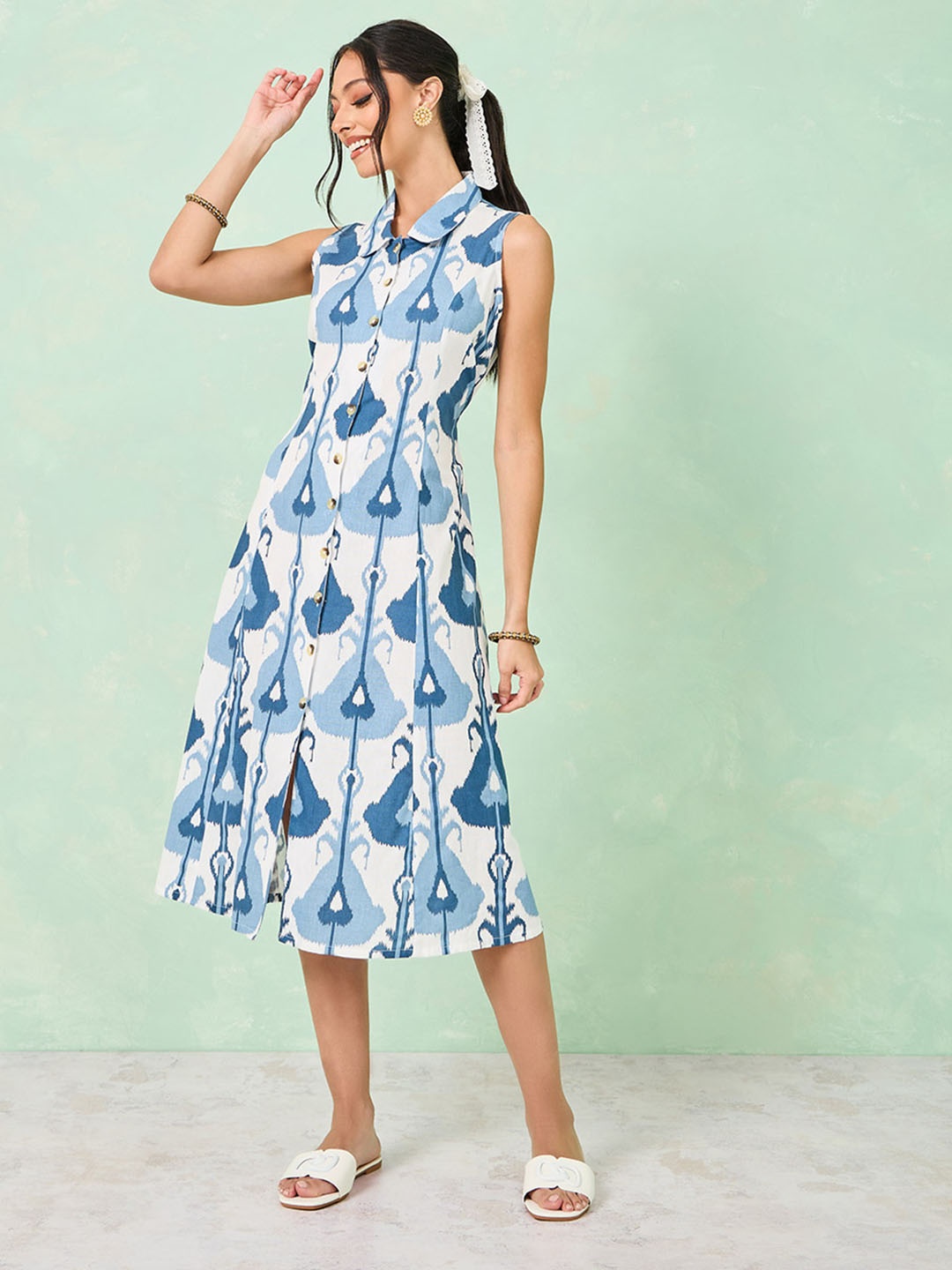 

Styli White & Blue Ikat Printed Peter Pan Collar A-Line Ethnic Dresses