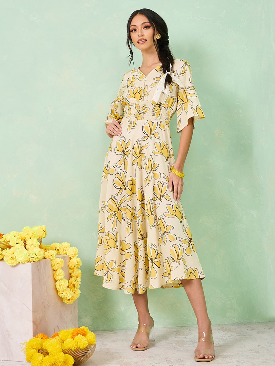 

Styli Floral Printed V-Neck Flared Sleeves Smocked Fit & Flare Midi Ethnic Dress, Mustard